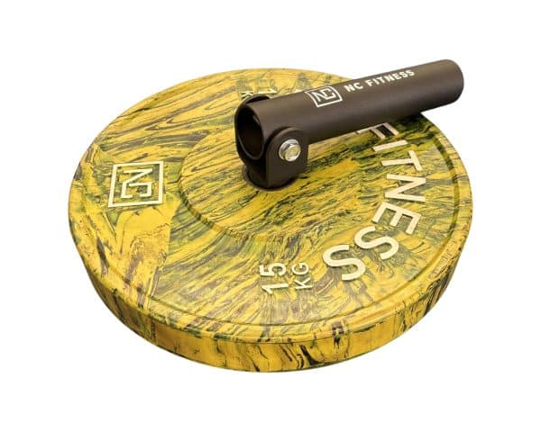 Landmine core trainer attachment shown with yellow camo weight plate