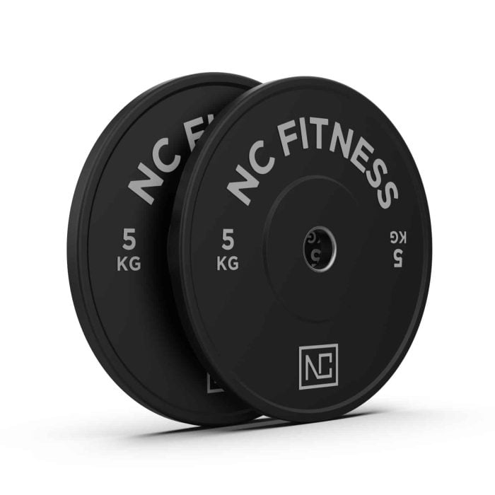 Bumper Plate 2 X 5kg Black Rubber with Colour Print Black Bumper Plates NC Fitness Black Rubber Bumper Plates 5kg pair
