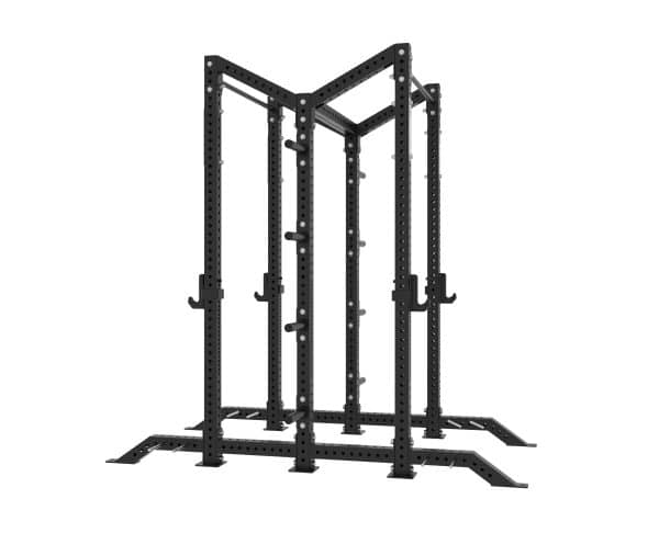 NC Fitness Gear black powder coated Half Rack Double (Back to Back) with silver NC Fitness branded front facing plates as seen from the side