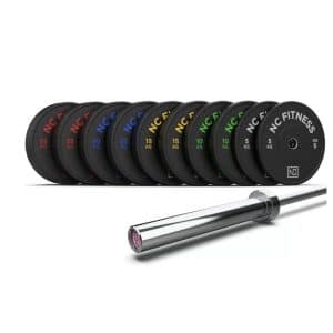 150Kg Black with Colour Olympic Bumper Plates and 15kg Hard Chrome Barbell NC Fitness