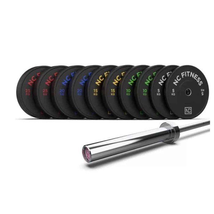 Olympic Bumper Plates (150Kg) + Barbell (15Kg) Set in Black Bar and Plate Packages NC Fitness Olympic Bumper Plates (150Kg) + Barbell (15Kg) Set in Black