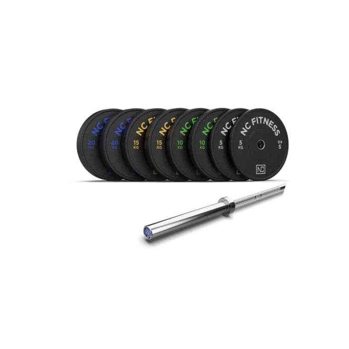 Olympic Bumper Plates (100Kg) + Barbell (20Kg) Set in Black Bar and Plate Packages NC Fitness Olympic Bumper Plates (150Kg) + Barbell (15Kg) Set in Black
