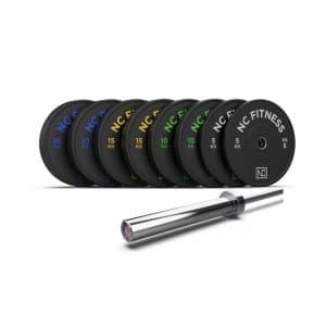 Black Olympic Bumper Plates with coloured branding and Hard Chrome Barbell Set