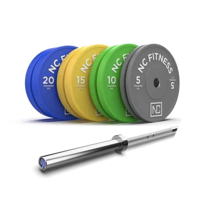 Bumper Plates Coloured Set + Hard Chrome Bar, 20KG Bar + 100KG SET Bar and Plate Packages NC Fitness 100Kg Olympic Bumper Plates set