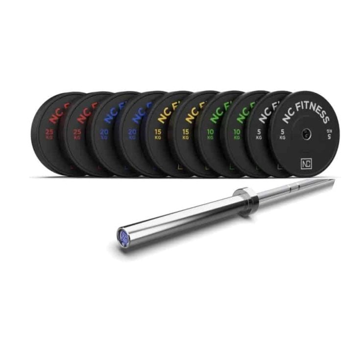 Olympic Bumper Plates (150Kg) + Barbell (20Kg) Set in Black Bar and Plate Packages NC Fitness Olympic Bumper Plates black (150Kg) + Barbell (20Kg) Set