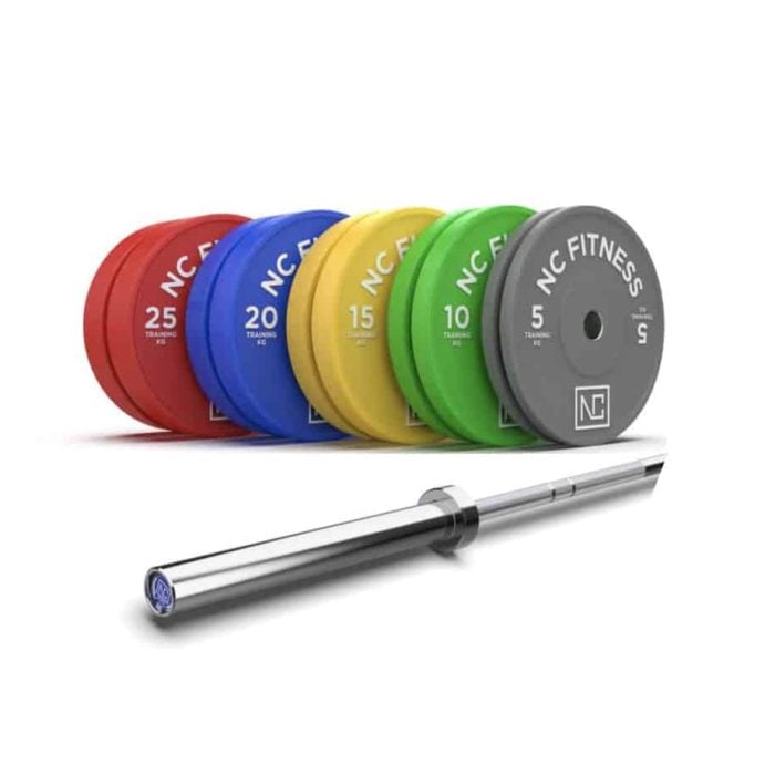 Bumper Plates Coloured Set + Hard Chrome Bar, 20KG Bar + 150KG Set Bar and Plate Packages NC Fitness Bumper Plates and Barbells