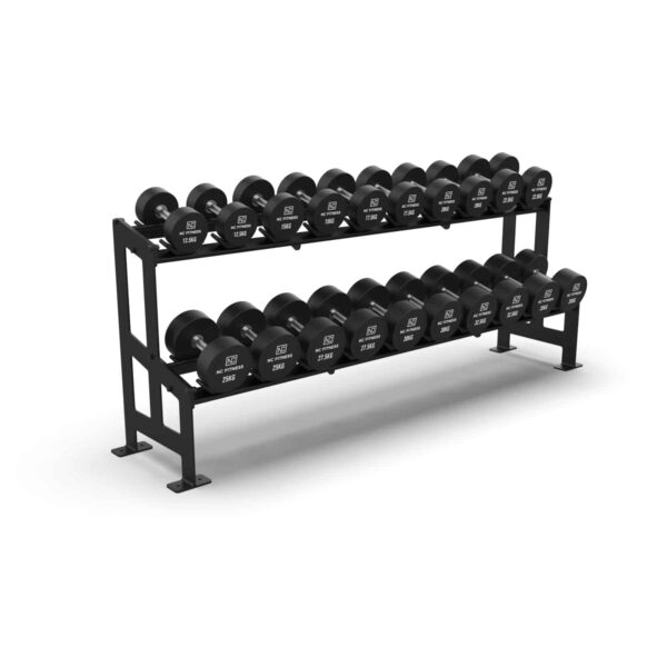 Commercial grade black PU Dumbbell Set shown setup on a rack from side on