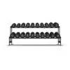Commercial grade black PU Dumbbell Set shown setup on a rack from smallest to largest