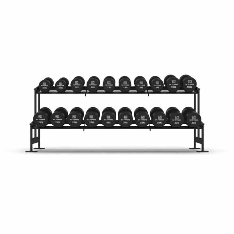 12.5-35KG Commercial PU Dumbbell set with rack Dumbbell Packages NC Fitness Commercial grade black PU Dumbbell Set shown setup on a rack from smallest to largest