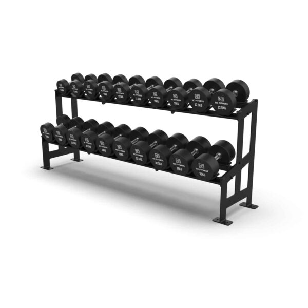 Commercial grade black PU Dumbbell Set shown setup on a rack from right to left