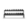 Commercial grade black PU Dumbbell Set shown setup on a dumbbell rack
