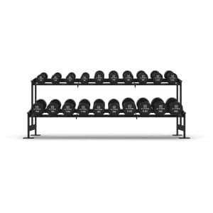 Commercial grade black PU Dumbbell Set shown setup on a dumbbell rack