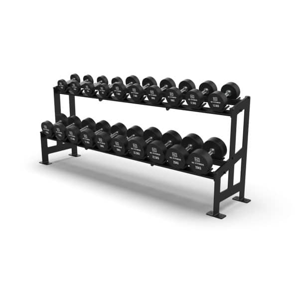 Commercial grade black PU Dumbbell Set shown setup on a rack from bottom right to left