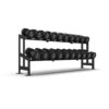 Commercial grade black PU Dumbbell Set shown setup on a rack from bottom left to right