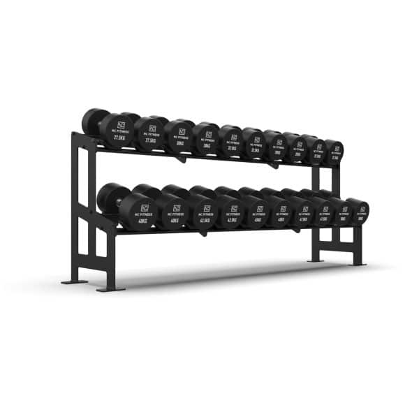 Commercial grade black PU Dumbbell Set shown setup on a rack from bottom left to right