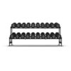 Commercial grade black PU Dumbbell Set shown setup on a rack from front on