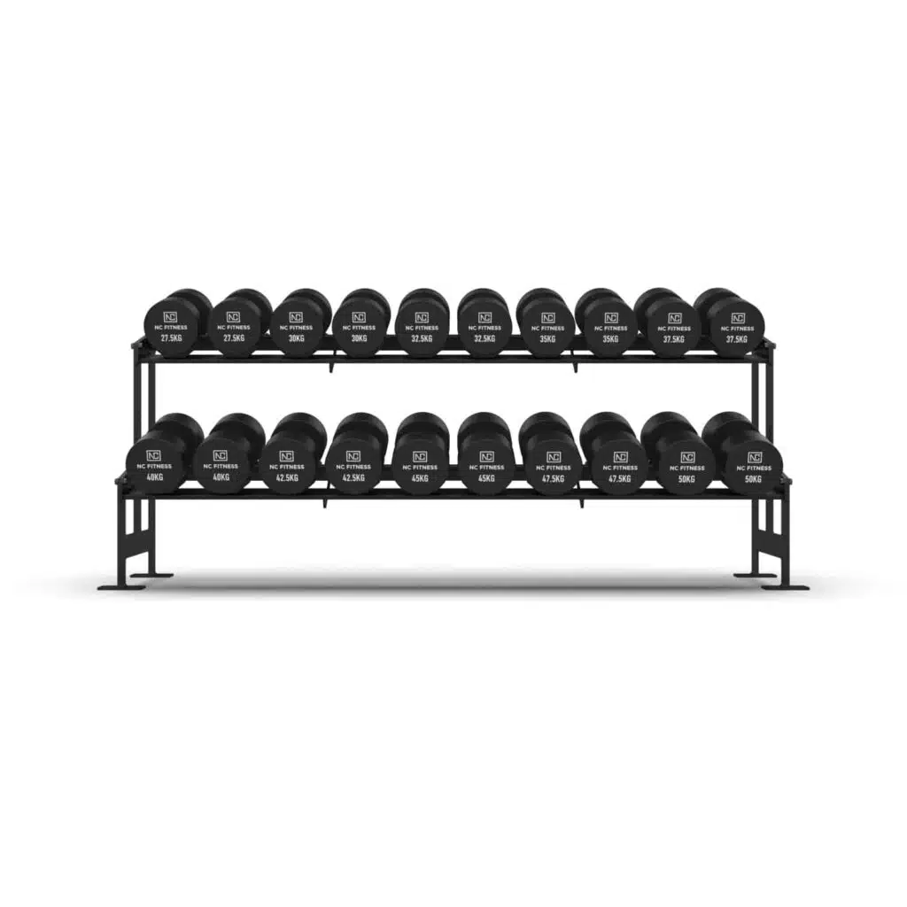 Commercial grade black PU Dumbbell Set shown setup on a rack from front on
