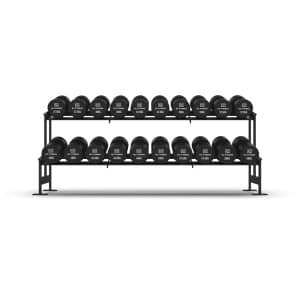 Commercial grade black PU Dumbbell Set shown setup on a rack from front on