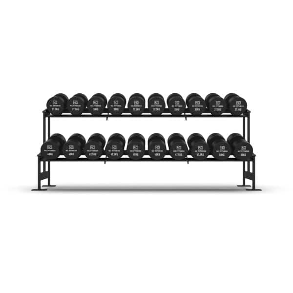 Commercial grade black PU Dumbbell Set shown setup on a rack from front on