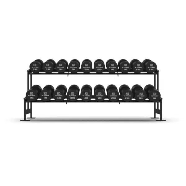 Commercial grade black PU Dumbbell Set shown setup on a rack from front on