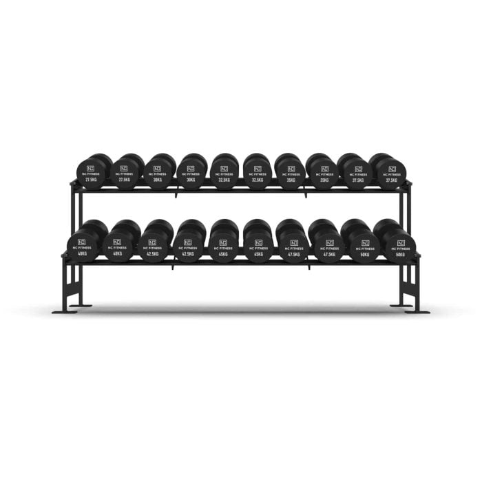 27.5kg – 50kg Commercial PU Dumbbell Set With Rack Dumbbell Packages NC Fitness Commercial grade black PU Dumbbell Set shown setup on a rack from front on