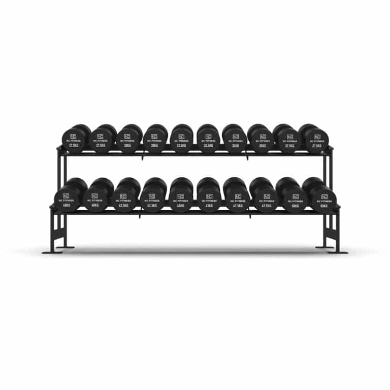 27.5kg – 50kg Commercial PU Dumbbell Set With Rack Dumbbell Packages NC Fitness Commercial grade black PU Dumbbell Set shown setup on a rack from front on
