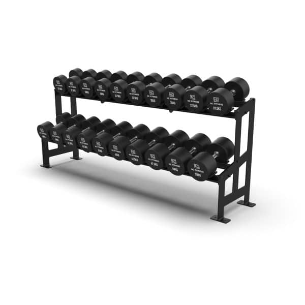 Commercial grade black PU Dumbbell Set shown setup on a rack from right to left