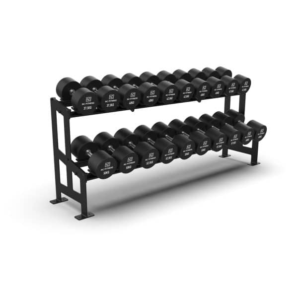 NC Fitness Commercial grade black PU Dumbbell Set shown setup on a rack