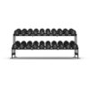 NC Commercial grade black PU Dumbbell Set shown setup on a rack