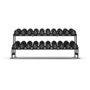 NC Commercial grade black PU Dumbbell Set shown setup on a rack