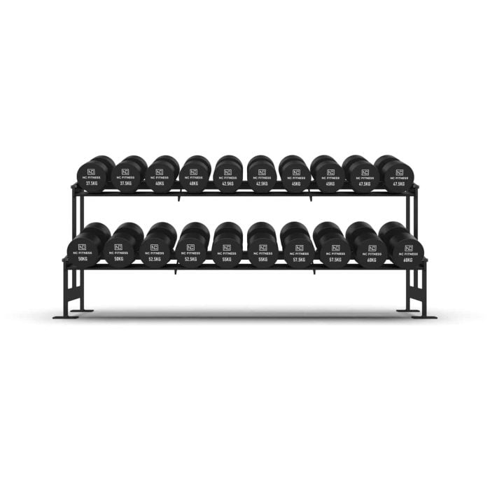 37.5kg – 60kg Commercial PU Dumbbell set with rack Dumbbell Packages NC Fitness NC Commercial grade black PU Dumbbell Set shown setup on a rack