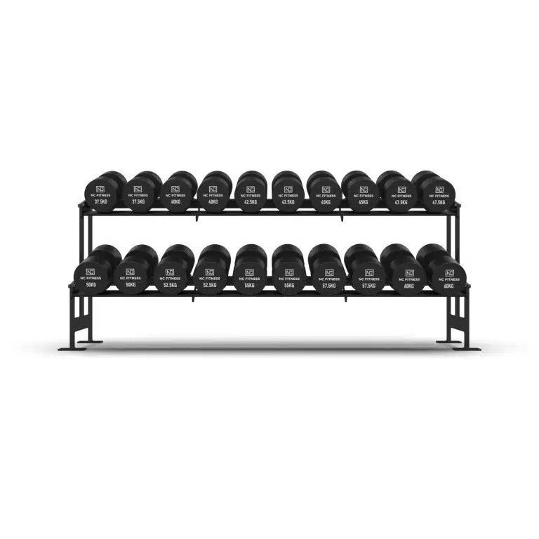 37.5kg – 60kg Commercial PU Dumbbell set with rack Dumbbell Packages NC Fitness NC Commercial grade black PU Dumbbell Set shown setup on a rack