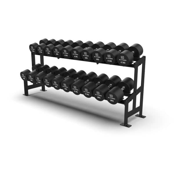 NC Fitness Melbourne Commercial grade black PU Dumbbell Set shown setup on a rack