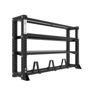 Sturdy black powder coated modular rack with steel coloured NC Fitness brand plates and four shelves for different fitness equipment