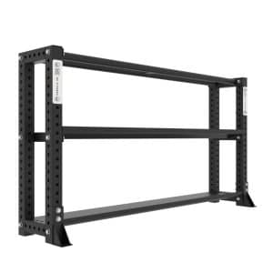 Black powder coated 3 shelf modular storage rack with steel coloured NC Fitness brand plates