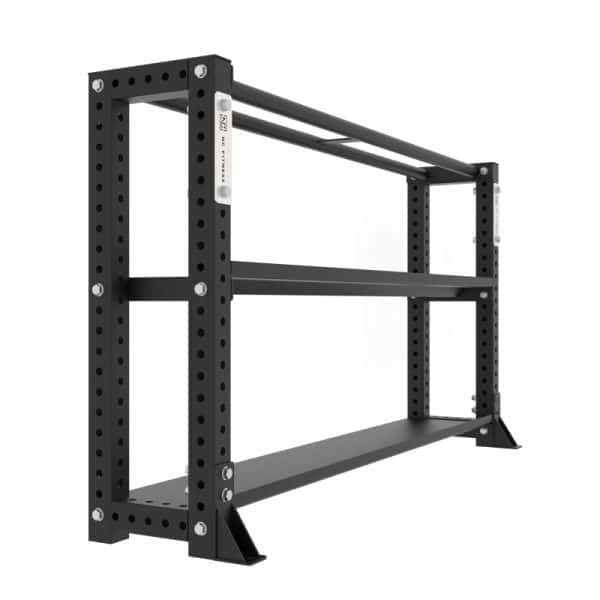Close side view of black powder coated 3 shelf modular storage rack with steel coloured NC Fitness brand plates