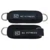 NC Fitness black velcro ankle Straps for Weightlifting and for use with cable machines, laid out flat showing D ring attachments
